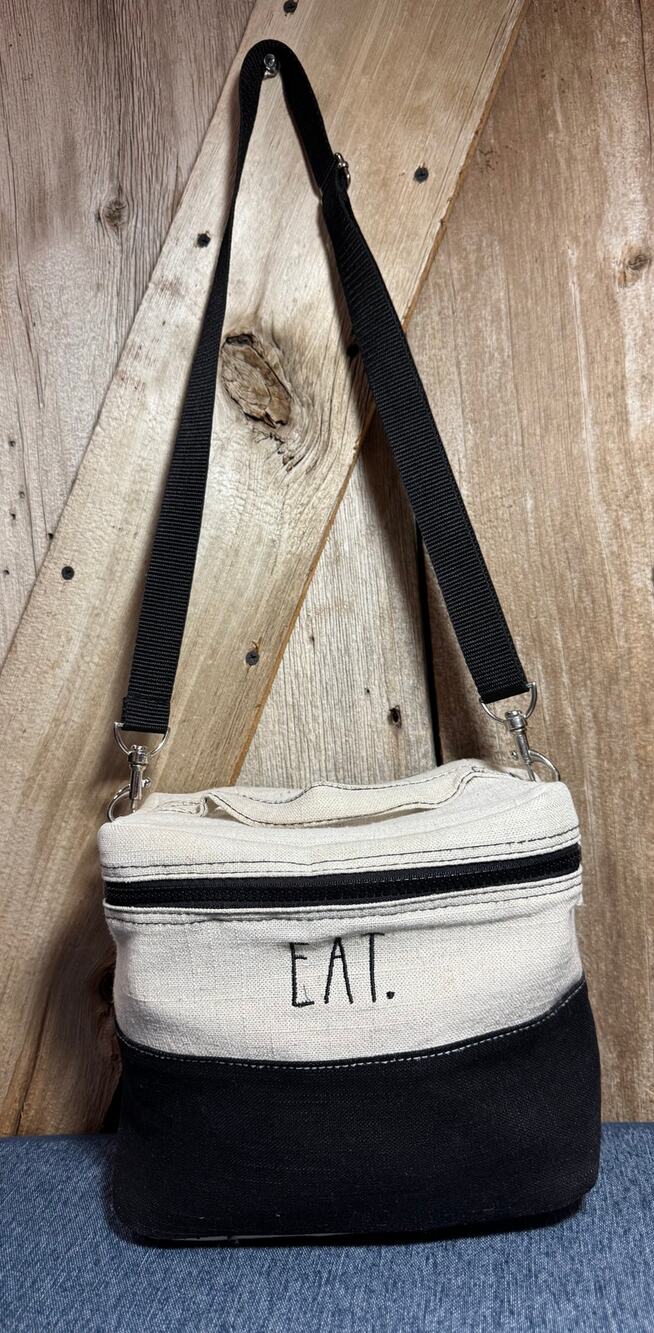 Rae Dunn "EAT" Insulated Crossbody Lunch Bag Roomy Tan & Black Adjustable Strap
